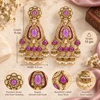 Aarvika Kundan Style Long Chandelier Earrings with Pearl Bead Drops, Purple