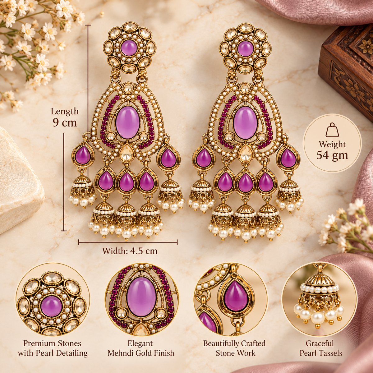 Aarvika Kundan Style Long Chandelier Earrings with Pearl Bead Drops, Purple