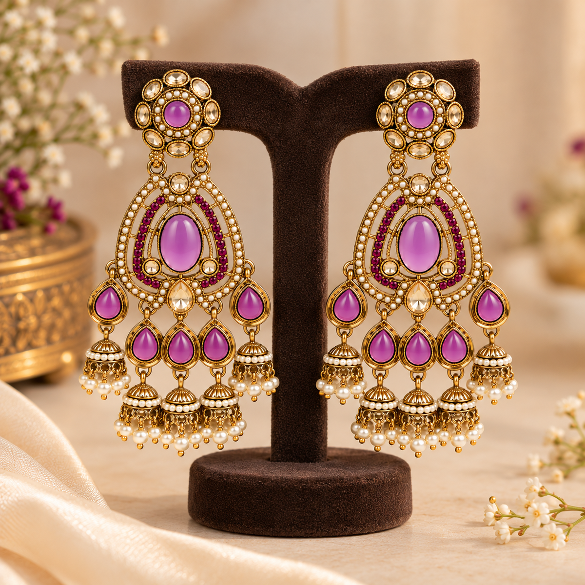 Aarvika Kundan Style Long Chandelier Earrings with Pearl Bead Drops, Purple