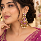 Aarvika Kundan Style Long Chandelier Earrings with Pearl Bead Drops, Purple