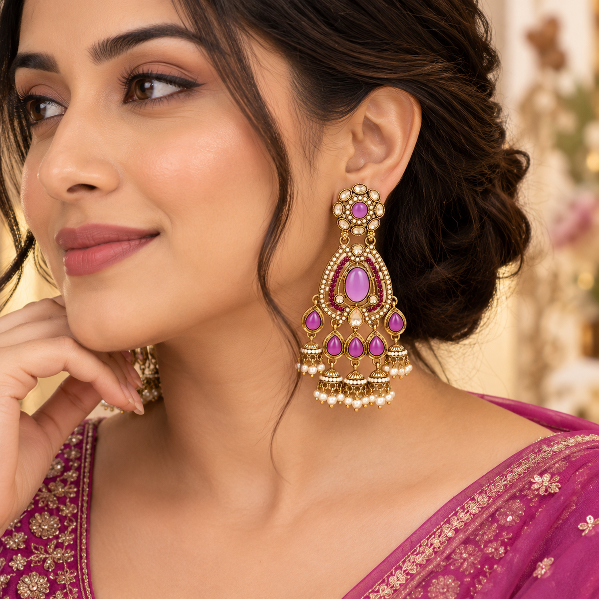 Aarvika Kundan Style Long Chandelier Earrings with Pearl Bead Drops, Purple