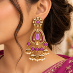 Aarvika Kundan Style Long Chandelier Earrings with Pearl Bead Drops, Purple