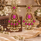 Aarvika Kundan Style Long Chandelier Earrings with Pearl Bead Drops, Ruby