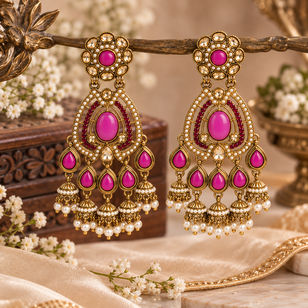Aarvika Kundan Style Long Chandelier Earrings with Pearl Bead Drops, Ruby