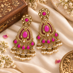 Aarvika Kundan Style Long Chandelier Earrings with Pearl Bead Drops, Ruby
