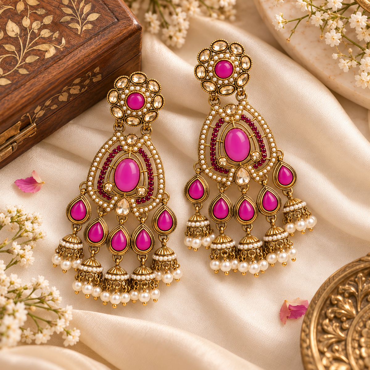 Aarvika Kundan Style Long Chandelier Earrings with Pearl Bead Drops, Ruby
