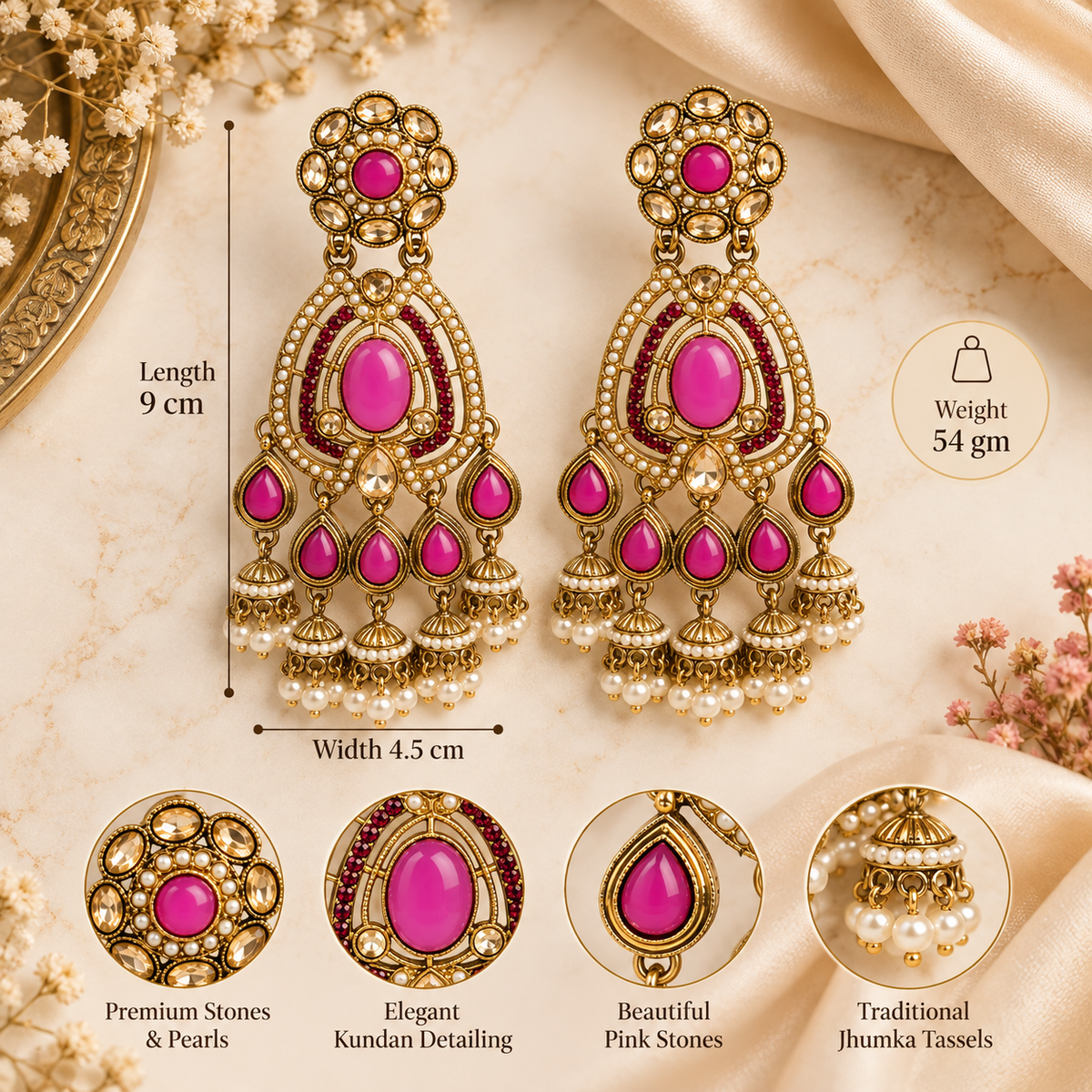 Aarvika Kundan Style Long Chandelier Earrings with Pearl Bead Drops, Ruby