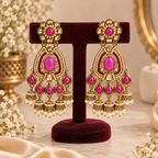 Aarvika Kundan Style Long Chandelier Earrings with Pearl Bead Drops, Ruby
