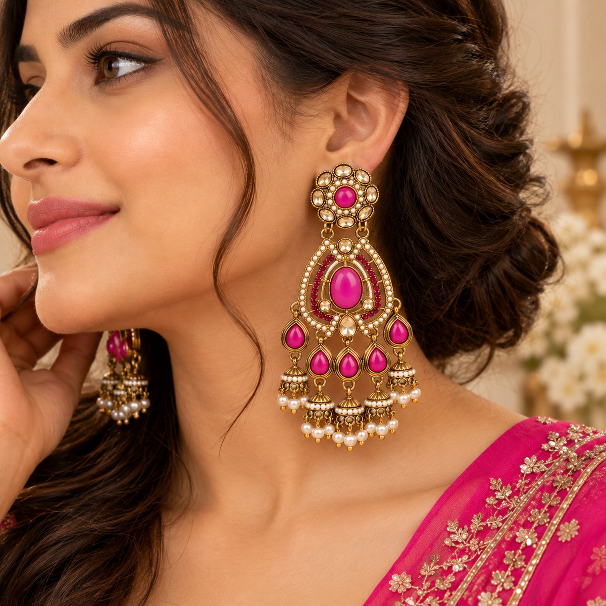 Aarvika Kundan Style Long Chandelier Earrings with Pearl Bead Drops, Ruby