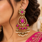 Aarvika Kundan Style Long Chandelier Earrings with Pearl Bead Drops, Ruby
