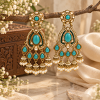 Aarvika Kundan Style Long Chandelier Earrings with Pearl Bead Drops, Turquoise