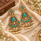 Aarvika Kundan Style Long Chandelier Earrings with Pearl Bead Drops, Turquoise