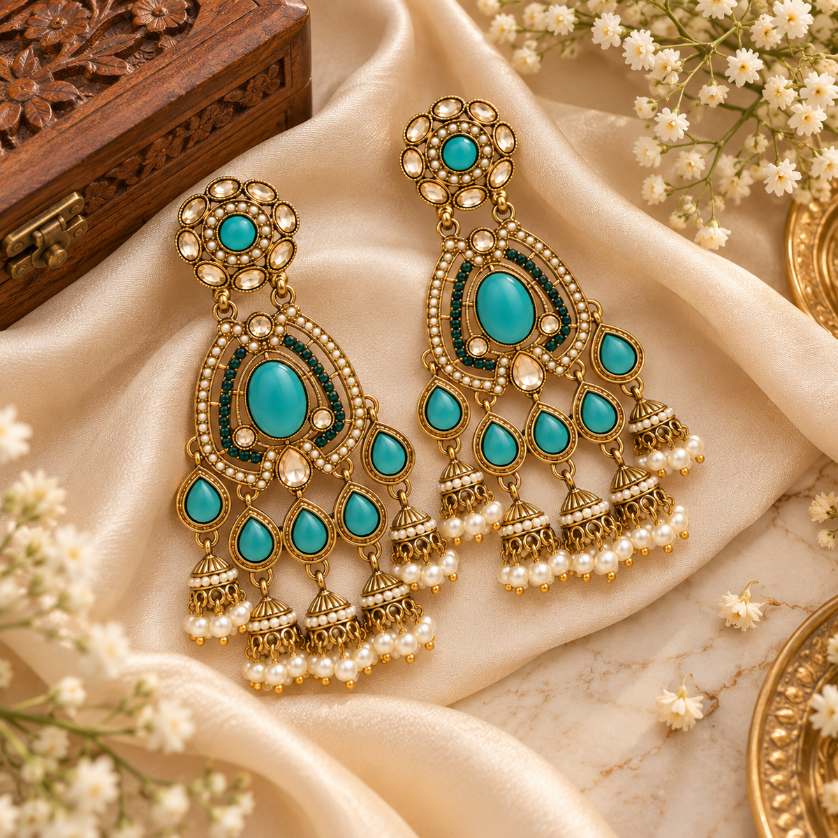 Aarvika Kundan Style Long Chandelier Earrings with Pearl Bead Drops, Turquoise