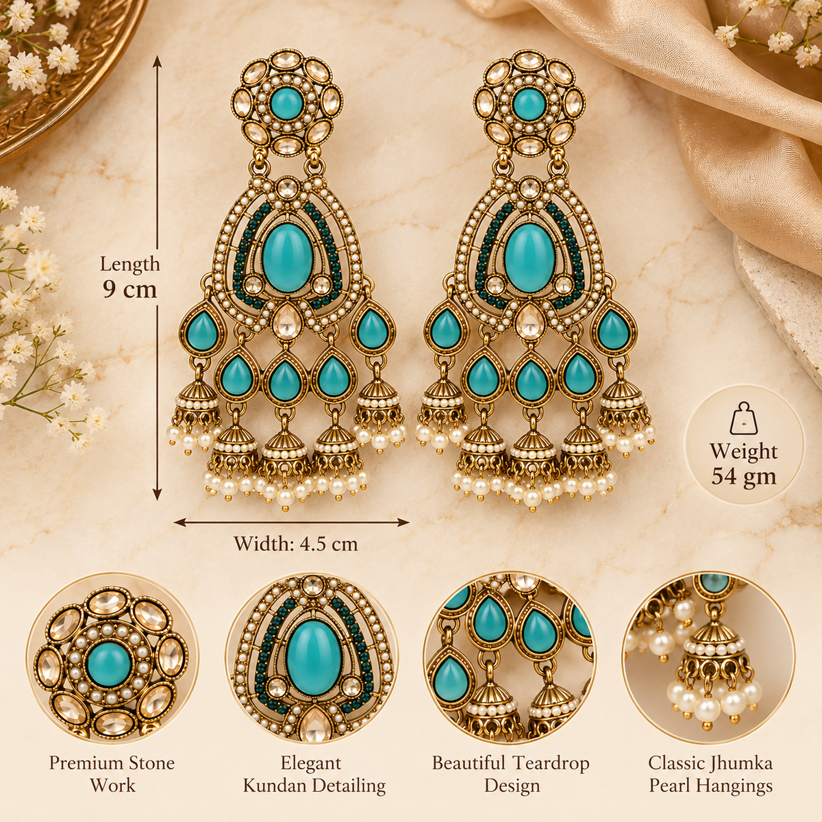 Aarvika Kundan Style Long Chandelier Earrings with Pearl Bead Drops, Turquoise