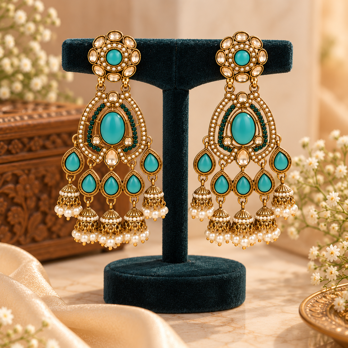 Aarvika Kundan Style Long Chandelier Earrings with Pearl Bead Drops, Turquoise