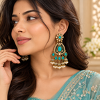 Aarvika Kundan Style Long Chandelier Earrings with Pearl Bead Drops, Turquoise