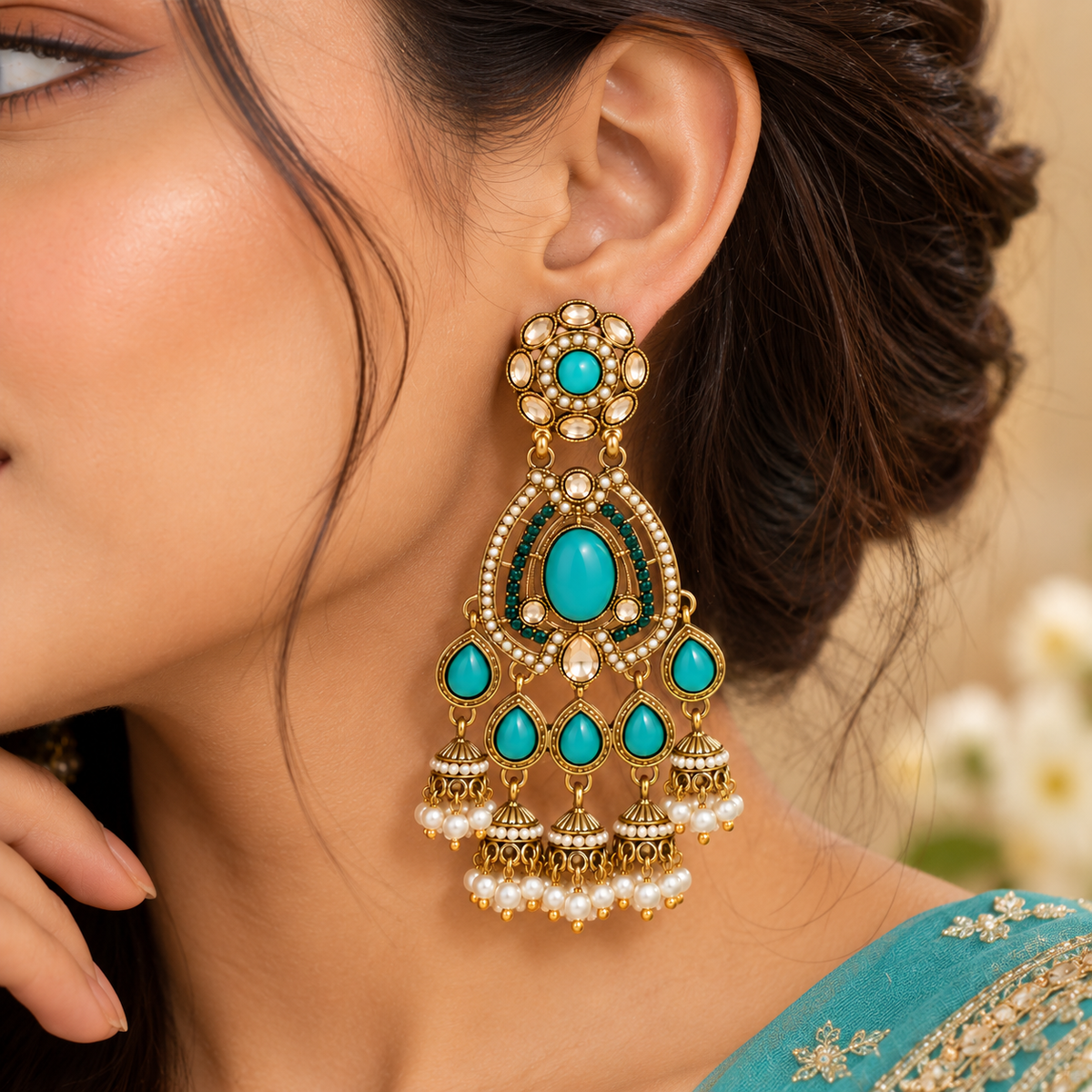 Aarvika Kundan Style Long Chandelier Earrings with Pearl Bead Drops, Turquoise