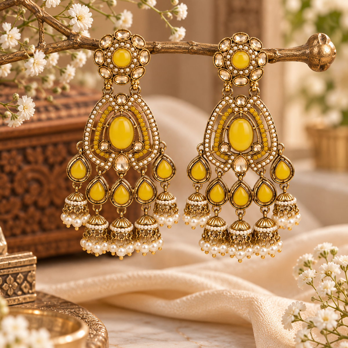 Aarvika Kundan Style Long Chandelier Earrings with Pearl Bead Drops, Yellow