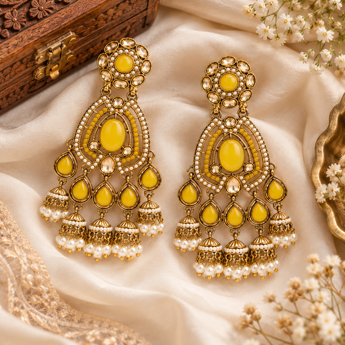 Aarvika Kundan Style Long Chandelier Earrings with Pearl Bead Drops, Yellow