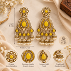 Aarvika Kundan Style Long Chandelier Earrings with Pearl Bead Drops, Yellow