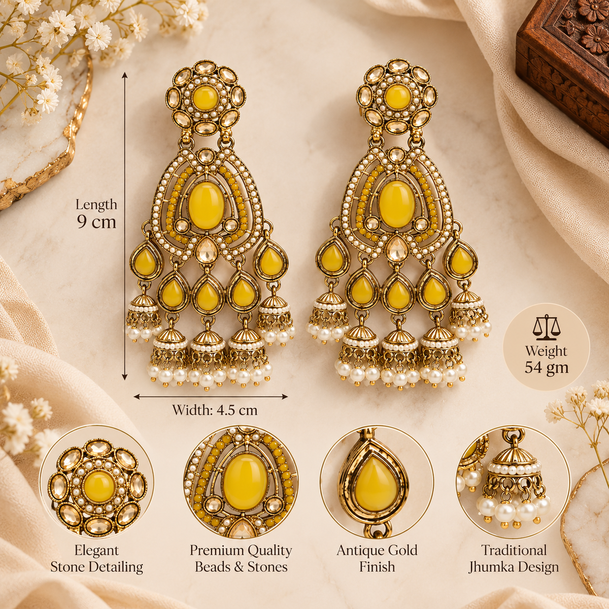 Aarvika Kundan Style Long Chandelier Earrings with Pearl Bead Drops, Yellow
