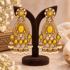 Aarvika Kundan Style Long Chandelier Earrings with Pearl Bead Drops, Yellow