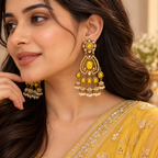 Aarvika Kundan Style Long Chandelier Earrings with Pearl Bead Drops, Yellow