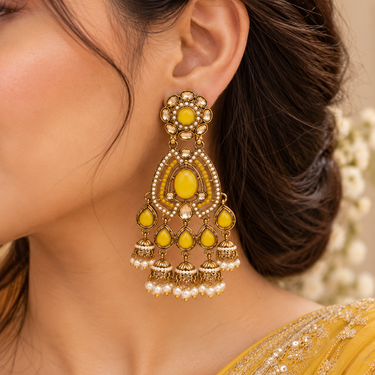 Aarvika Kundan Style Long Chandelier Earrings with Pearl Bead Drops, Yellow