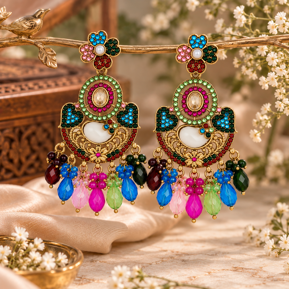 Aarvika Peacock Inspired Multicolor Stone Chandelier Earrings