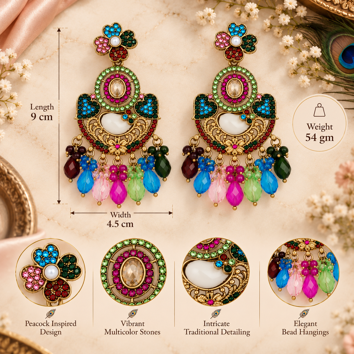 Aarvika Peacock Inspired Multicolor Stone Chandelier Earrings
