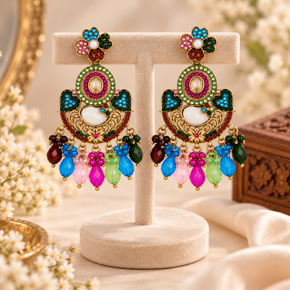 Aarvika Peacock Inspired Multicolor Stone Chandelier Earrings