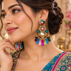 Aarvika Peacock Inspired Multicolor Stone Chandelier Earrings