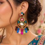 Aarvika Peacock Inspired Multicolor Stone Chandelier Earrings