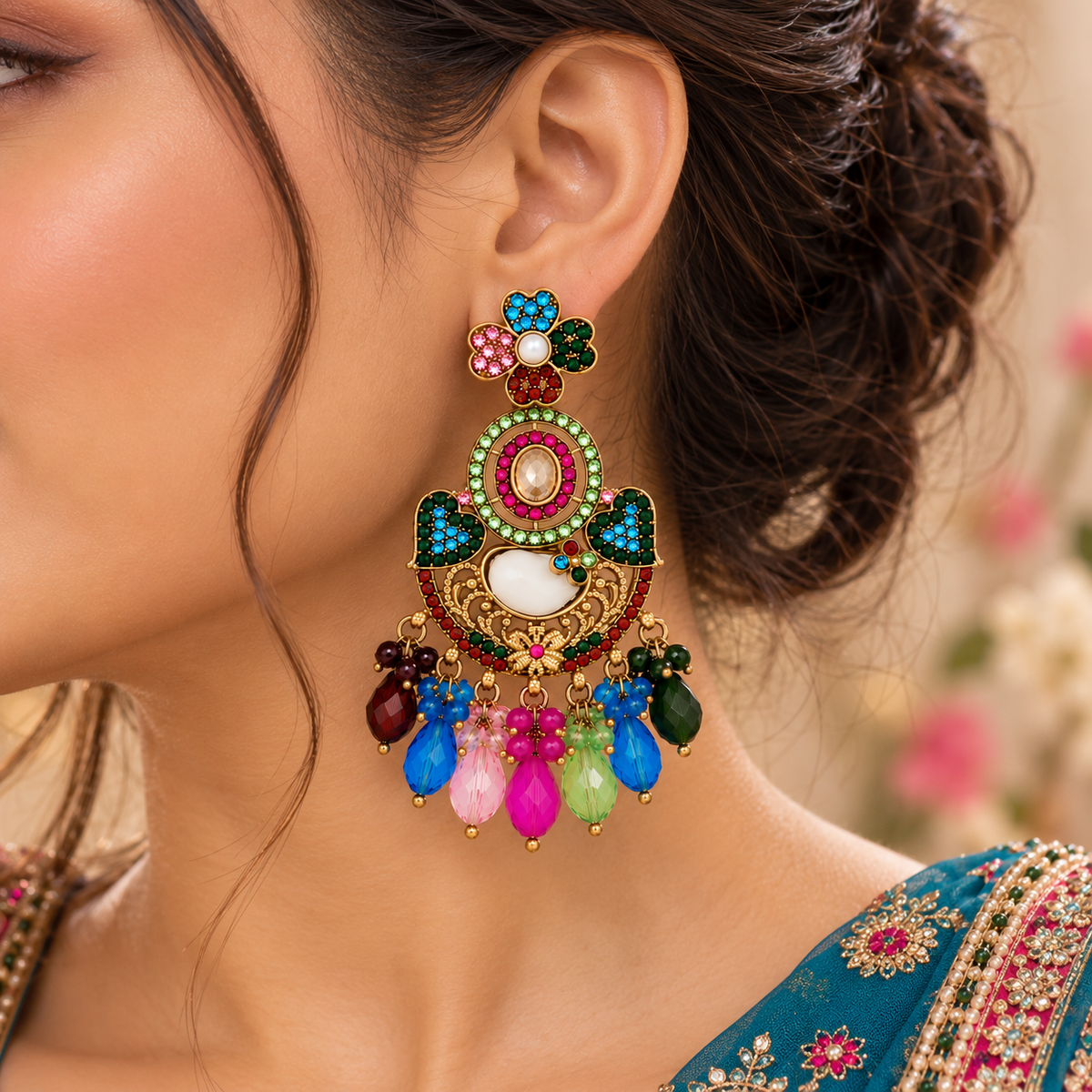 Aarvika Peacock Inspired Multicolor Stone Chandelier Earrings