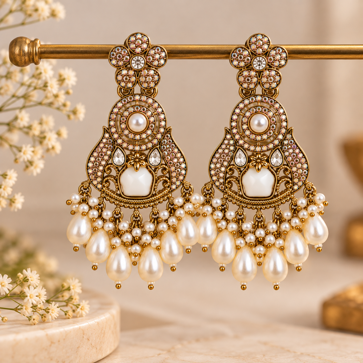 Aarvika Antique Gold Tone Pearl Drop Dangler Earrings