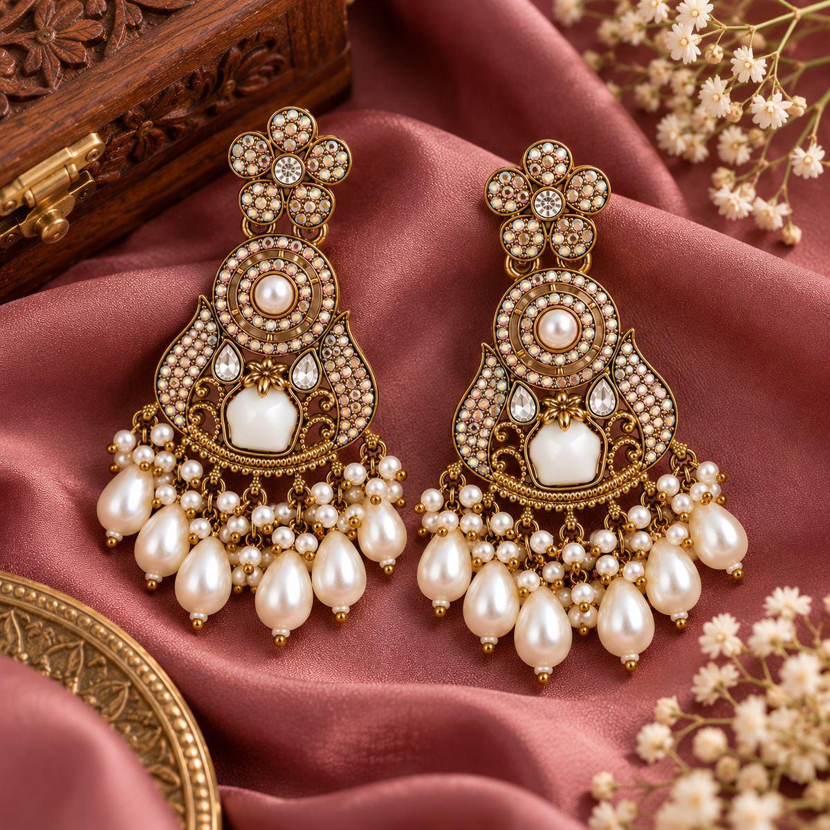 Aarvika Antique Gold Tone Pearl Drop Dangler Earrings