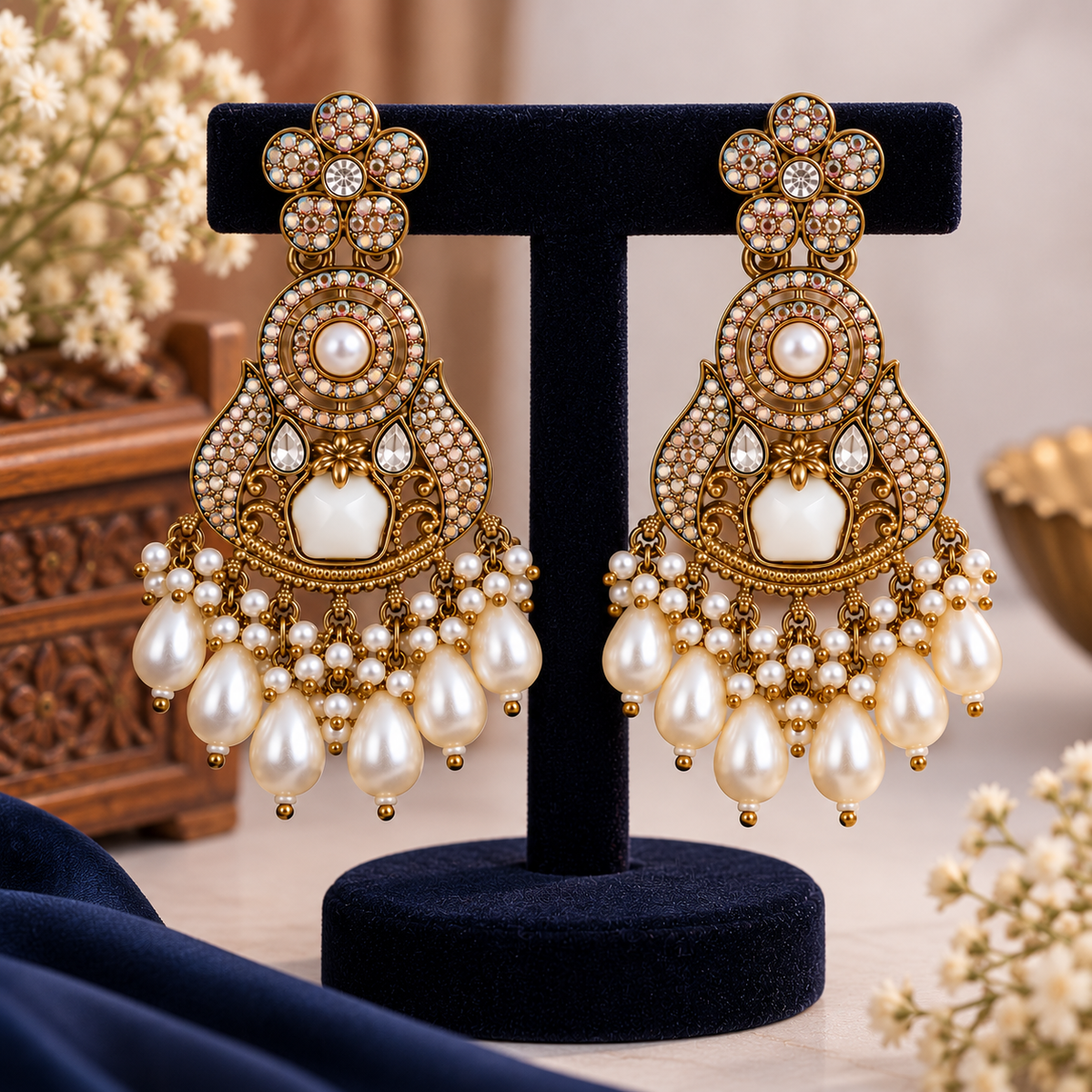 Aarvika Antique Gold Tone Pearl Drop Dangler Earrings