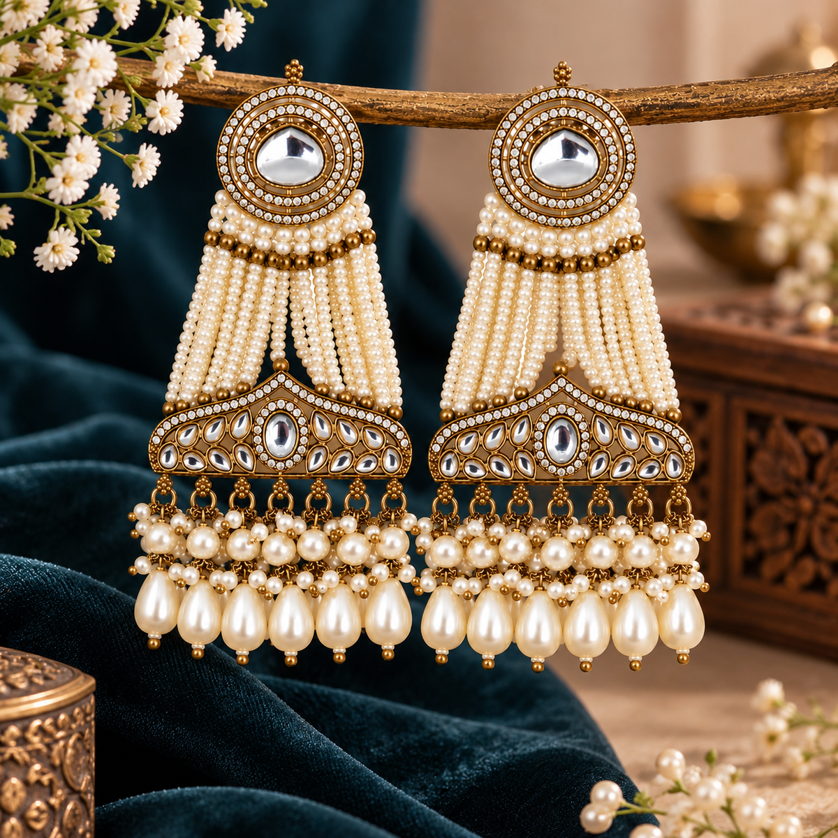 Aarvika Pearl Dangler Earrings Antique Gold Kundan Style
