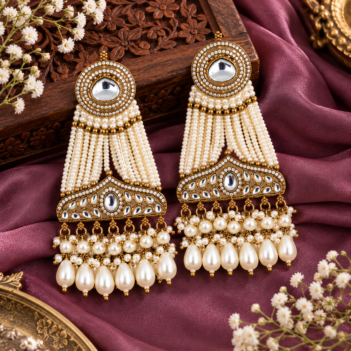 Aarvika Pearl Dangler Earrings Antique Gold Kundan Style