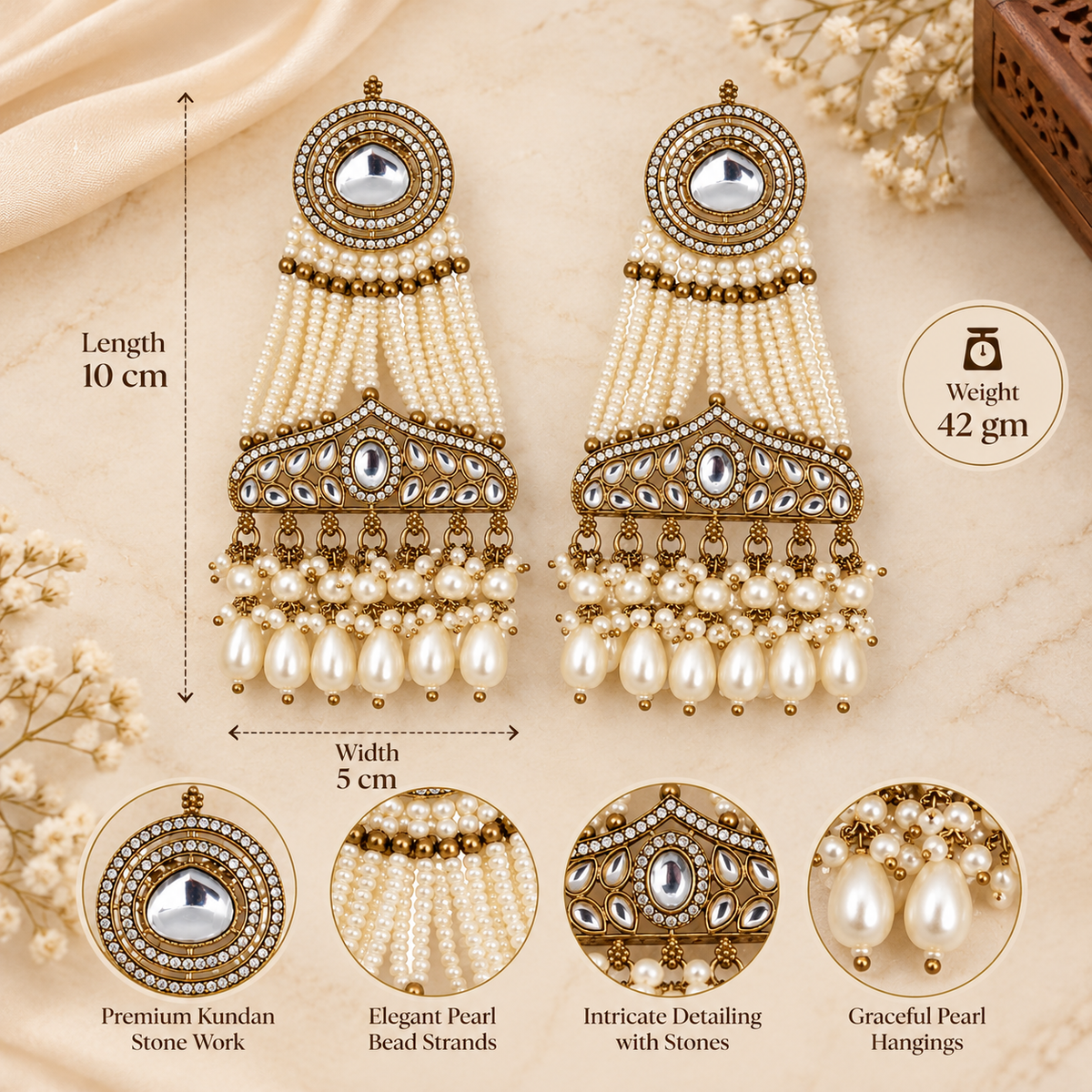 Aarvika Pearl Dangler Earrings Antique Gold Kundan Style