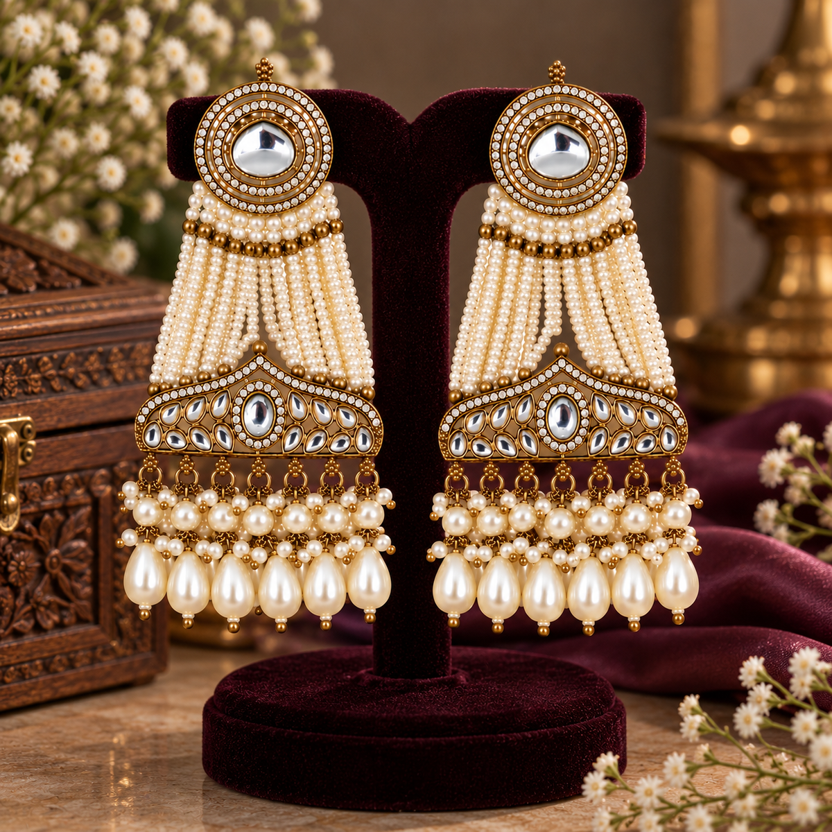 Aarvika Pearl Dangler Earrings Antique Gold Kundan Style