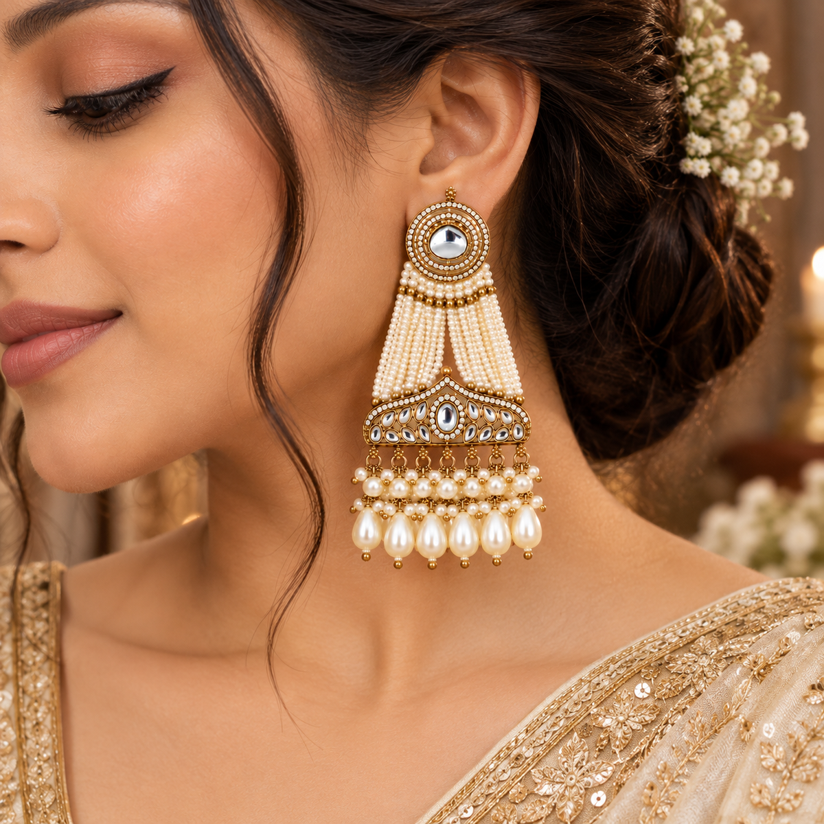 Aarvika Pearl Dangler Earrings Antique Gold Kundan Style