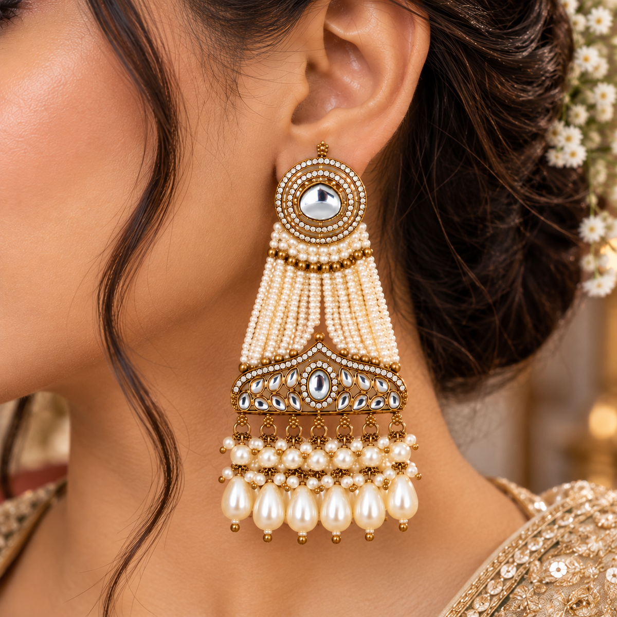 Aarvika Pearl Dangler Earrings Antique Gold Kundan Style