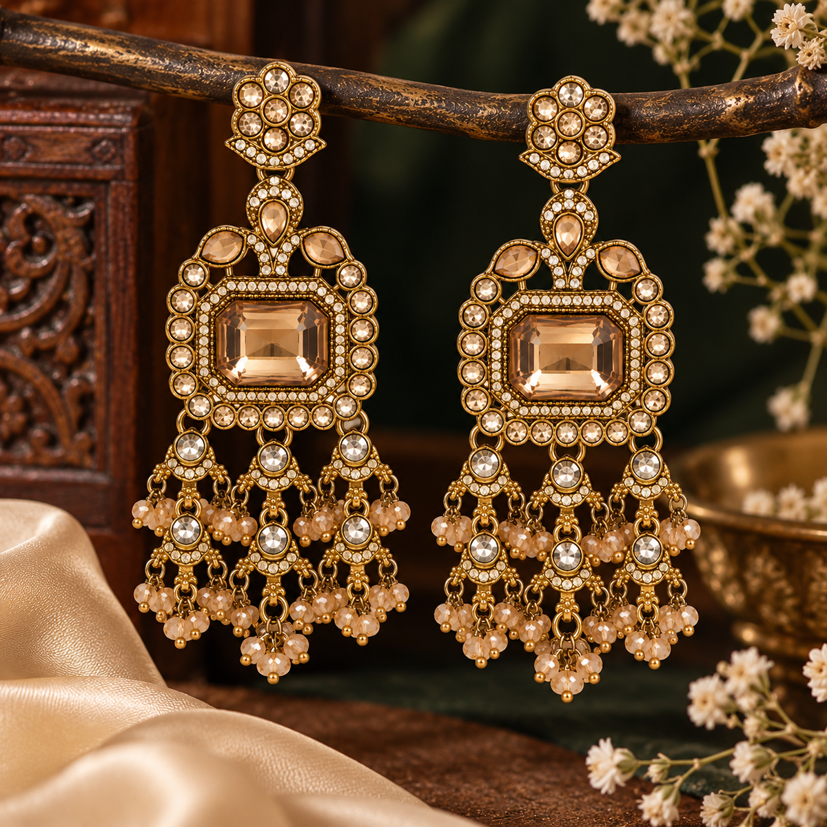 Aarvika Antique Gold Tone Long Dangler Earrings with Champagne Stone