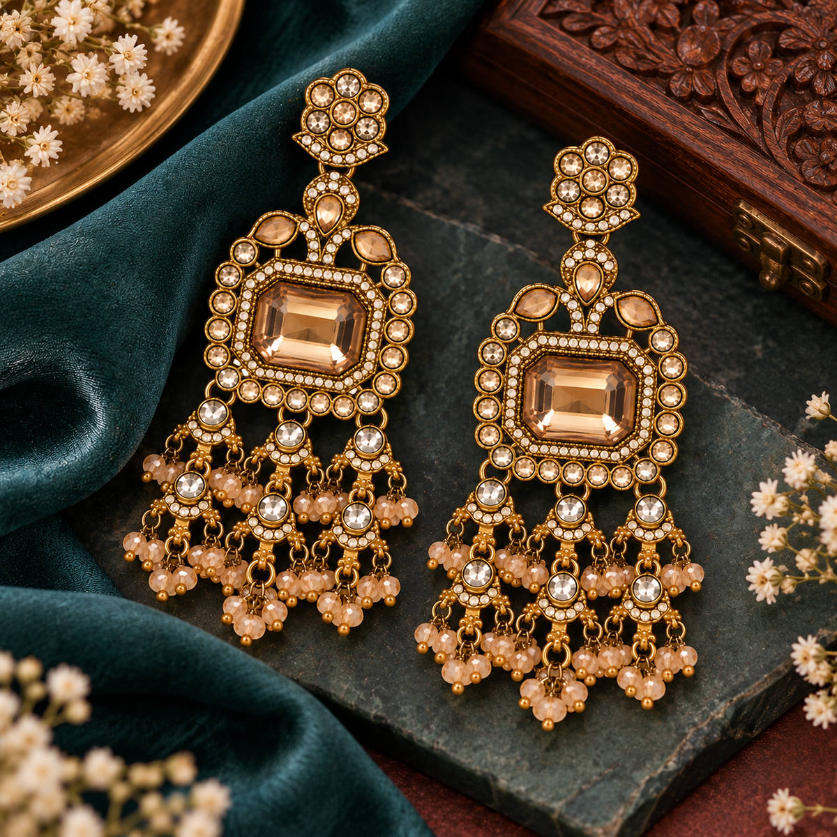 Aarvika Antique Gold Tone Long Dangler Earrings with Champagne Stone