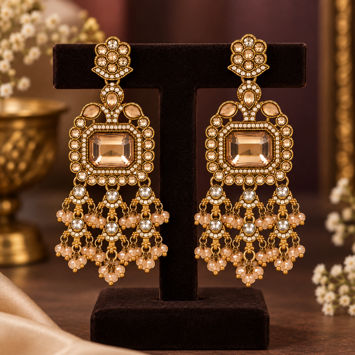 Aarvika Antique Gold Tone Long Dangler Earrings with Champagne Stone