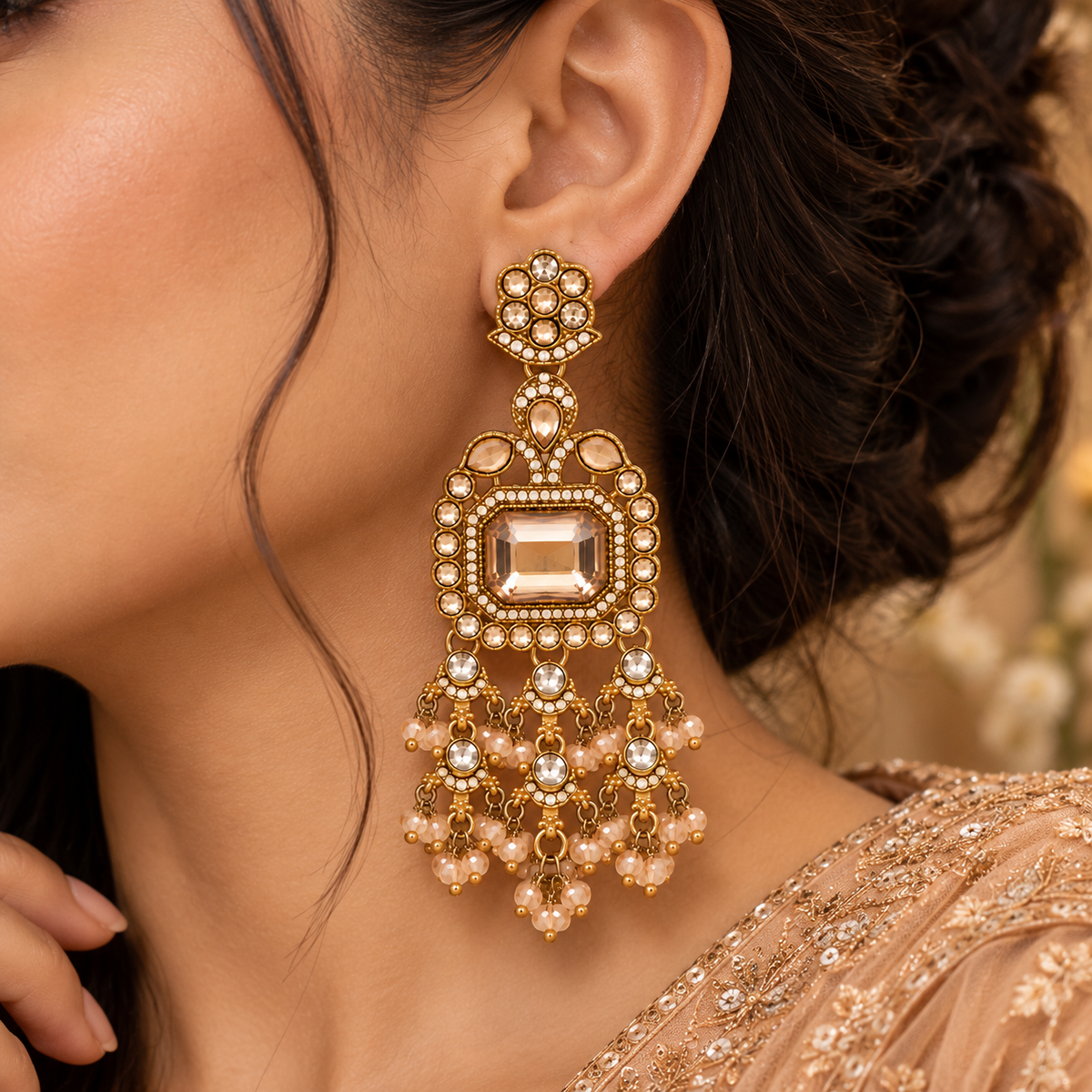 Aarvika Antique Gold Tone Long Dangler Earrings with Champagne Stone
