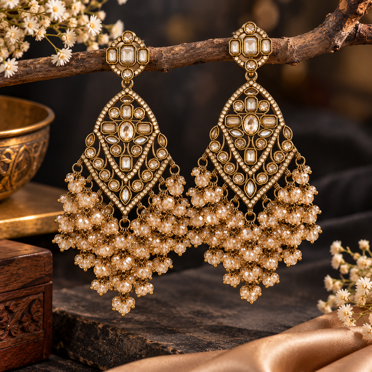 Aarvika Antique Gold Tone Long Dangler Earrings with Crystal Beads