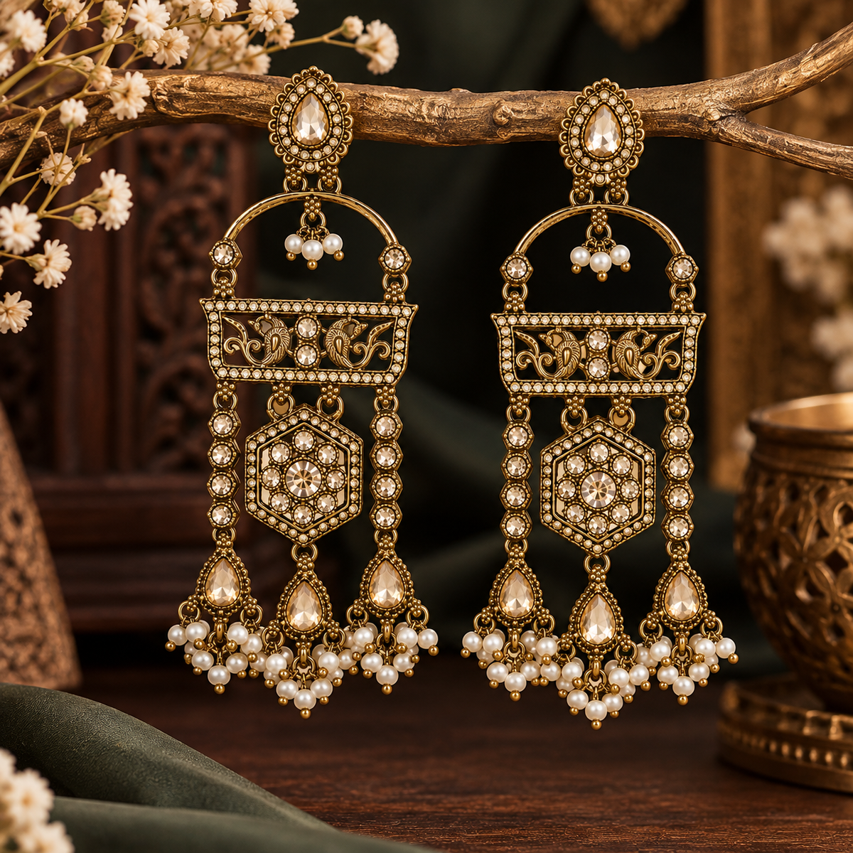 Aarvika Antique Gold Tone Long Dangler Earrings with Pearl Drops