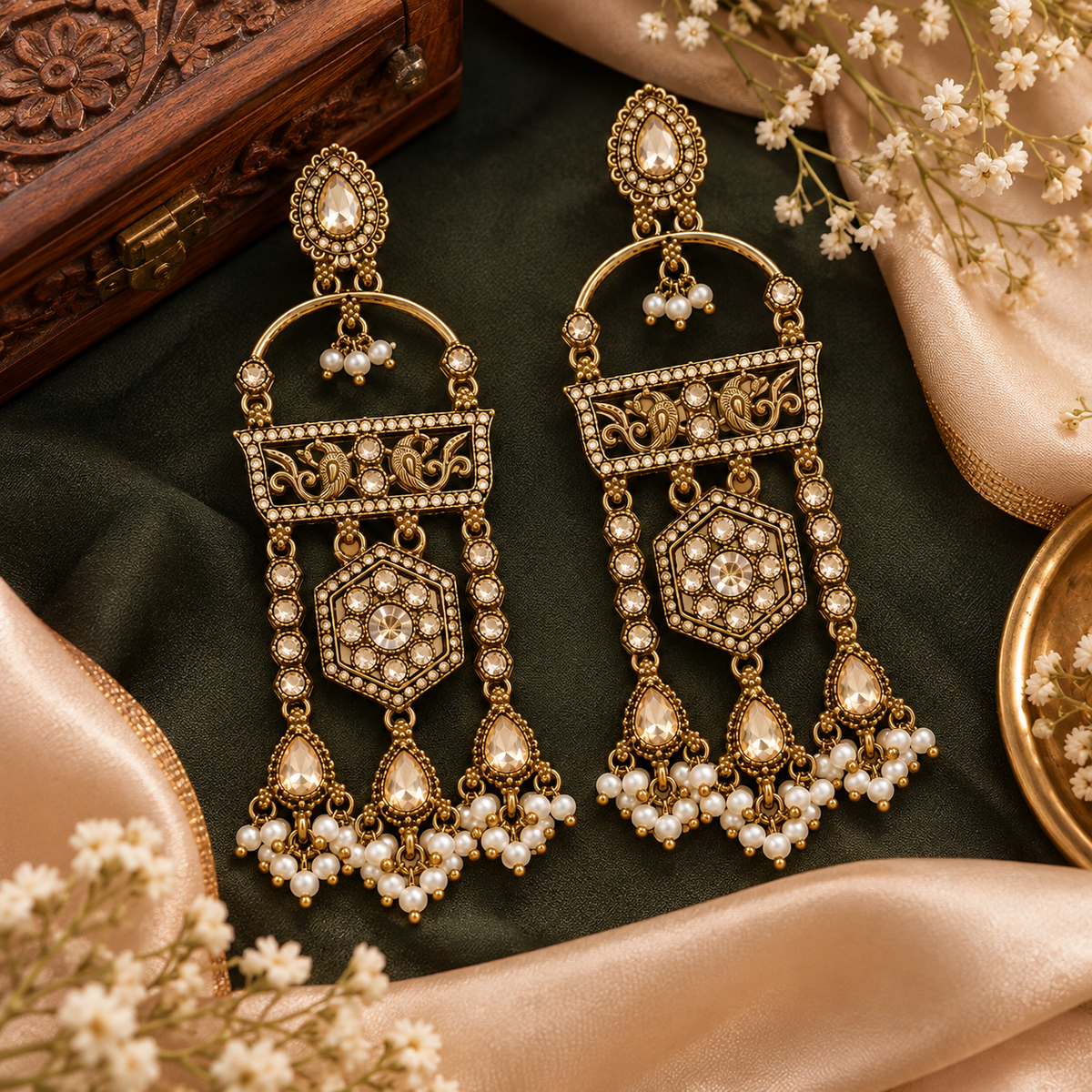 Aarvika Antique Gold Tone Long Dangler Earrings with Pearl Drops